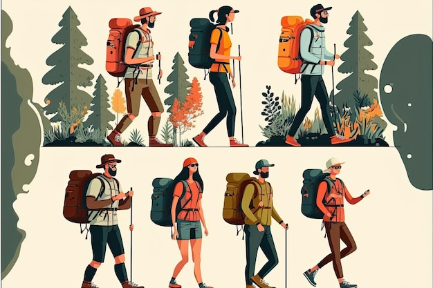 Set of tourists men and women backpackers walking route outdoors activity Made by AIArtificial intelligence