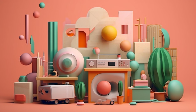 A set of toys and objects that are sitting on the background in the style of graphic designinspire