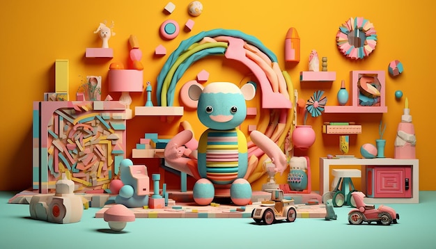 A set of toys and objects that are sitting on the background in the style of graphic designinspire