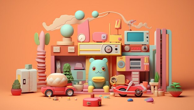 A set of toys and objects that are sitting on the background in the style of graphic designinspire