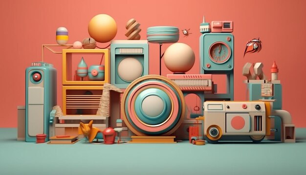 A set of toys and objects that are sitting on the background in the style of graphic designinspire