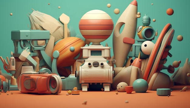 A set of toys and objects that are sitting on the background in the style of graphic designinspire