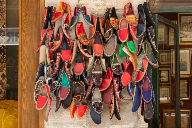 Set of traditional hand made leather shoes in bazaar