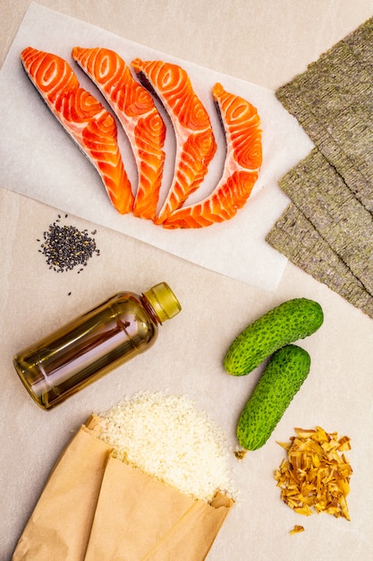 Set of traditional ingredients for making Japanese rolls.