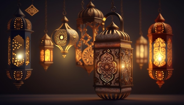 A set of traditional luminous lampsIslamic style banner for product display Beautiful muslim invitation Eid mubarak Religion background Generative AI