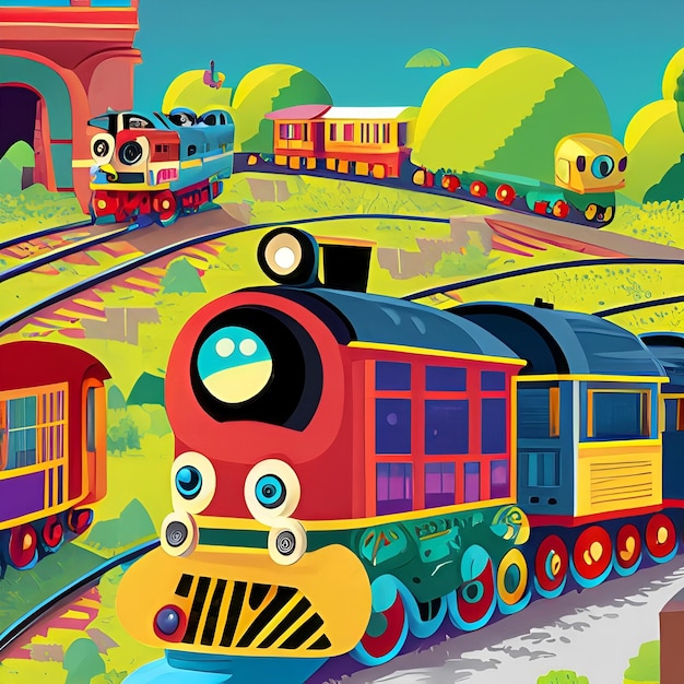 Набор иллюстраций в мультяшном стиле поезда