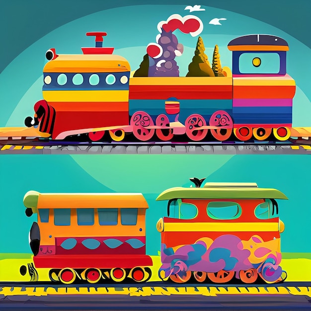 set of train cartoon style illustration