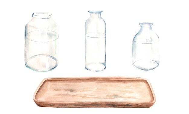 Set of transparent glass bottle vase jar of different shapes and wooden tray from side view