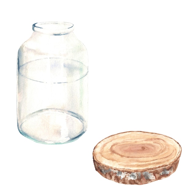 Photo set of transparent glass bottle vase jar and wooden saw cut from side view watercolor illustration