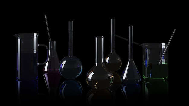 Photo set of transparent glass laboratory flasks. 3d rendering.
