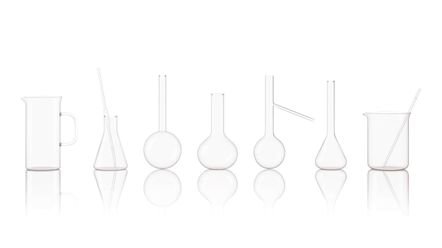 Photo set of transparent glass laboratory flasks. 3d rendering.