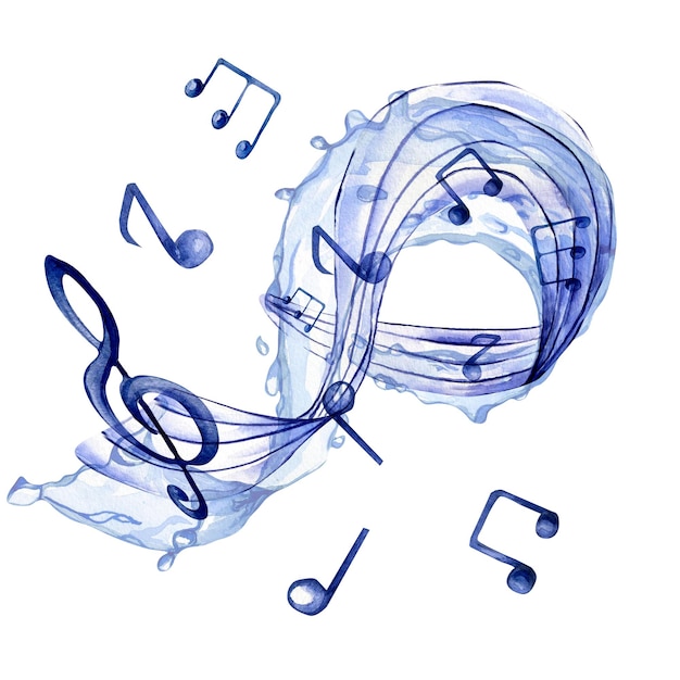 Set of treble clef notes and water splash watercolor illustration on white