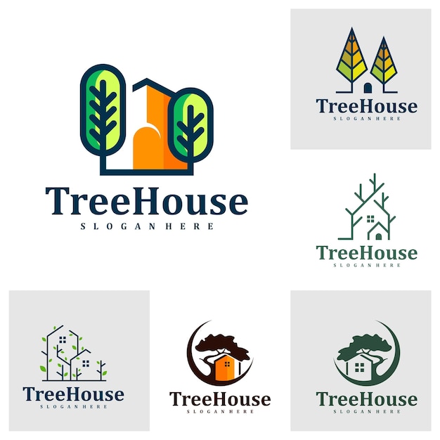 Photo set of tree house logo design template creative house tree logo vector illustration