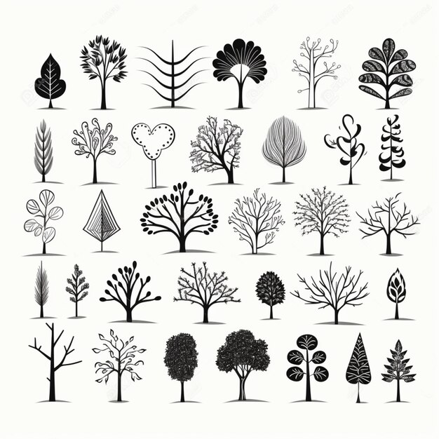 Photo a set of trees and bushes in black and white generative ai