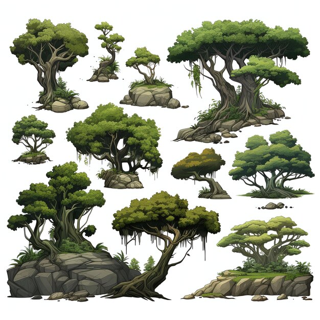 Foto set di alberi e cespugli illustrazioni per il design del gioco ui oggetti di gioco