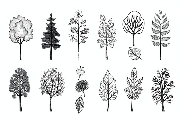 Photo set of trees hand drawn illustration black and white