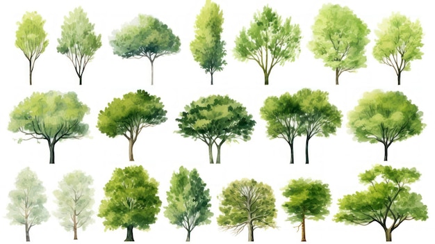 Set of trees Hand drawn vector illustration isolated on white background Generative AI