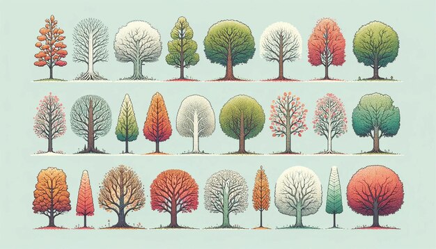 Photo set of trees in a vector linear style representing the different seasons