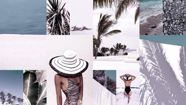 Foto set di collage fotografici estetici di tendenza immagini di moda minimalistiche vibrazioni di vacanza in spiaggia moodboard