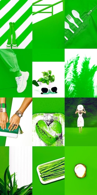 Photo set of trendy aesthetic photo collages minimalistic images of one top color bio green eco moodboard