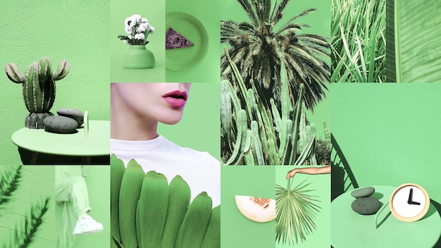 set of trendy aesthetic photo collages minimalistic images of one top color bio green eco moodboard