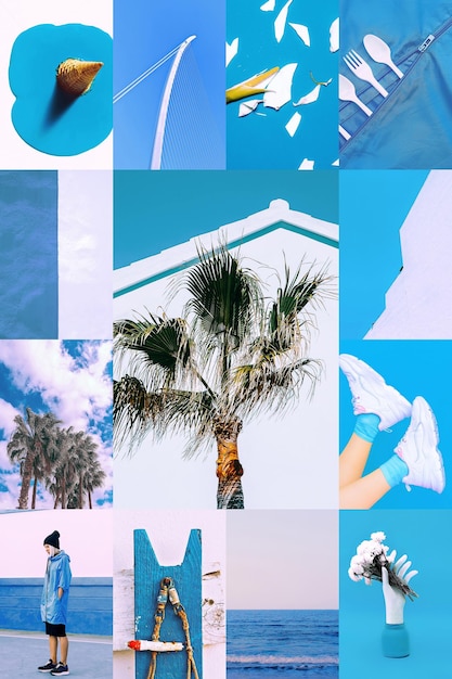 Photo set of trendy aesthetic photo collages minimalistic images of one top color blue marine style moodboard