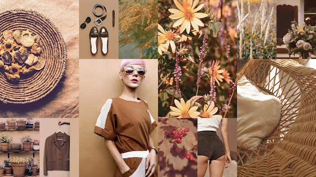 Set of trendy aesthetic photo collages Minimalistic images of one top color Country style mood boards