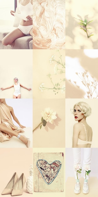 Photo set of trendy aesthetic photo collages minimalistic images of one top color fashion beige moodboard