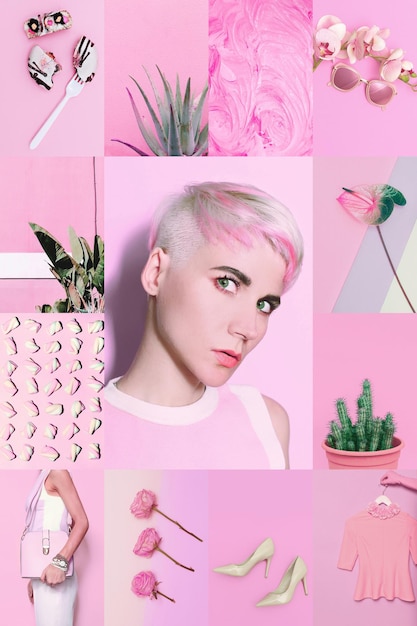 Photo set of trendy aesthetic photo collages minimalistic images of one top color pink moodboard