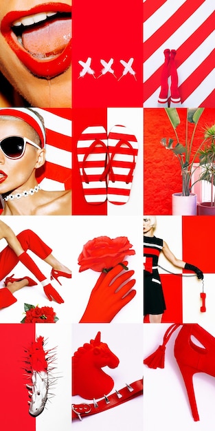 Photo set of trendy aesthetic photo collages minimalistic images of two top colors red and white moodboard