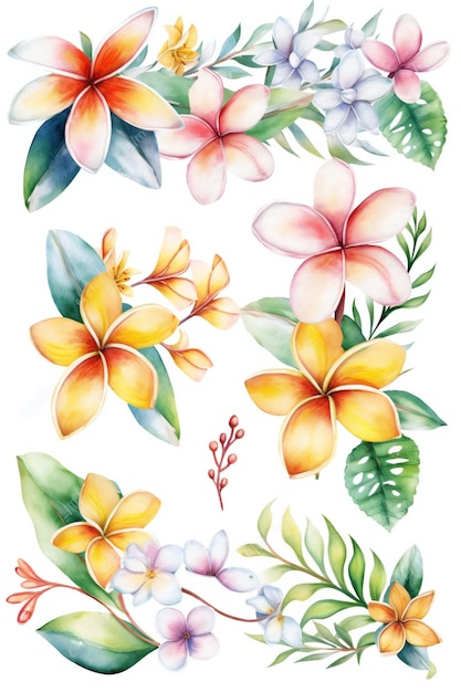 A set of tropical flowers on a white background.