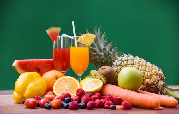 Set of tropical fruits colorful and fresh summer juice glass healthy foods