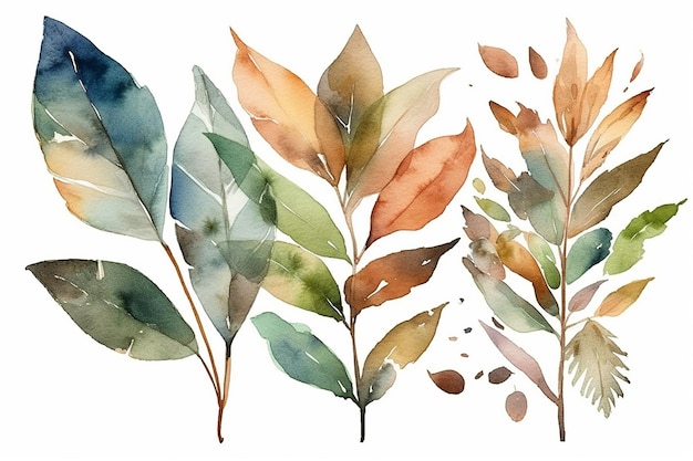 A set of tropical leaves on a white background