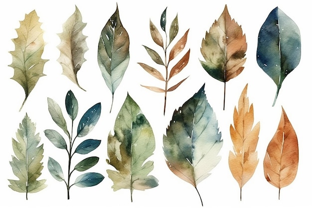 A set of tropical leaves on a white background