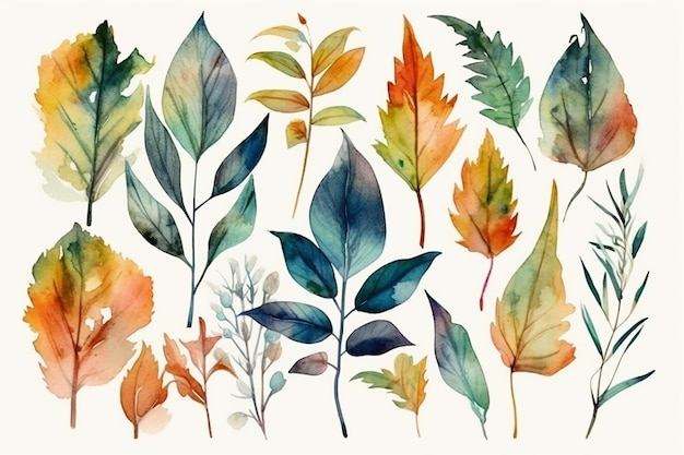 A set of tropical leaves on a white background