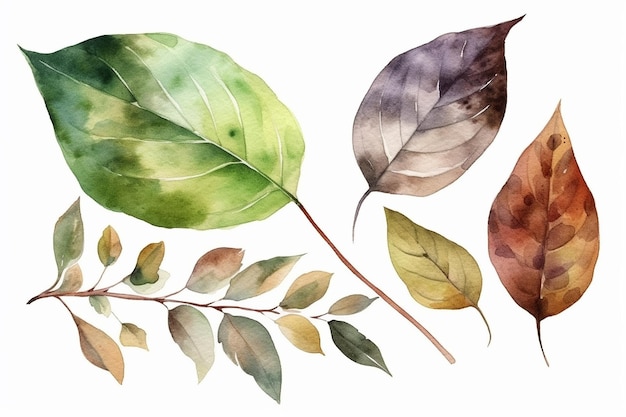 A set of tropical leaves on a white background