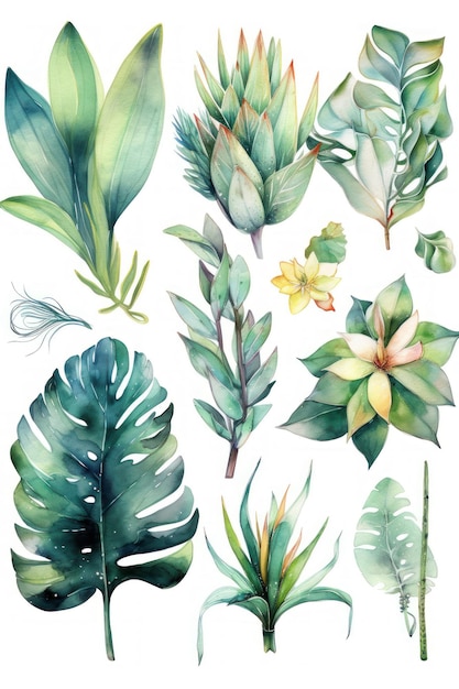 A set of tropical leaves on a white background.