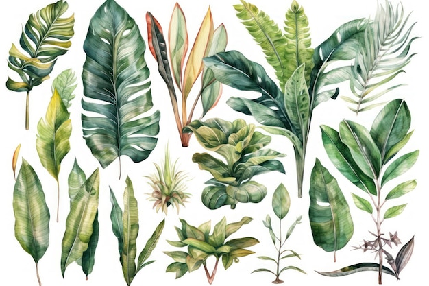 A set of tropical plants on a white background.