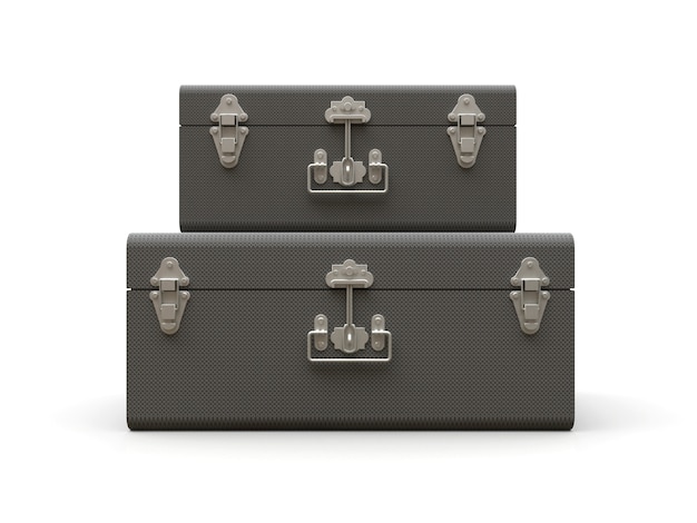 Photo set of two gray leather suitcases with exquisite clasps. classic premium design with centuries-old traditions. modern new product in vintage style