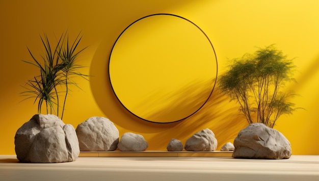 a set of two sand pails and a rock on a yellow wall