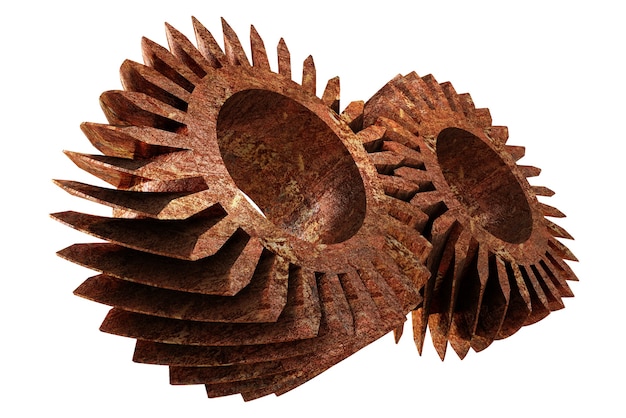 A set of two over-sized rusty metal gears isolated on a white background. 3d render