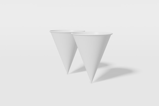 Set of two white paper mockup cups cone shaped on a white background. 3D rendering