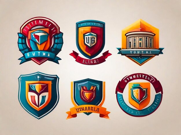 Photo set of university and college school crests and logo emblems
