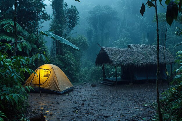 Set up a camping tent in the middle of a forest where it was raining heavily AI Generated