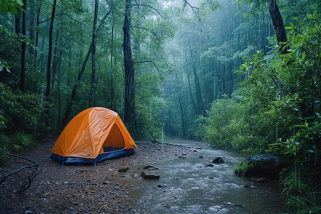 Set up a camping tent in the middle of a forest where it was raining heavily AI Generated