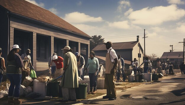 Set up a community service scene showing volunteers engaging in neighborhood cleanup or helping