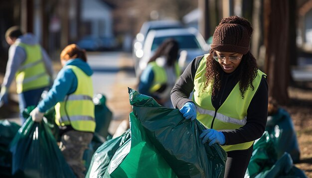 Photo set up a community service scene showing volunteers engaging in neighborhood cleanup or helping