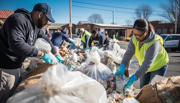 Set up a community service scene showing volunteers engaging in neighborhood cleanup or helping