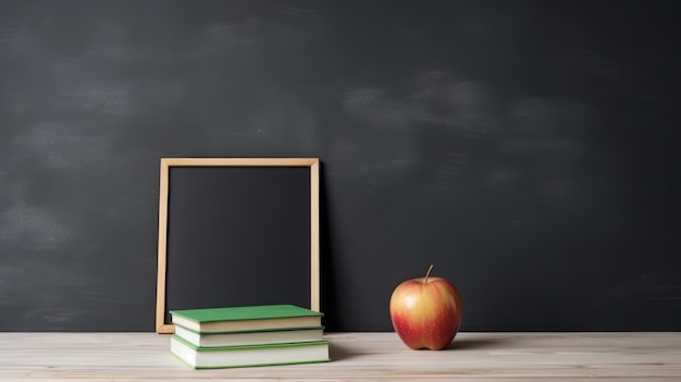 Set up study equipment apple pencil books classroom table with black board background