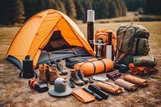 Photo set up tent and camping equipment